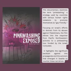 A slide from 'Pinkwashing Exposed', a documentary that examines the strategy used by countries to distract from human rights violations. These screenings are followed by panel discussions.