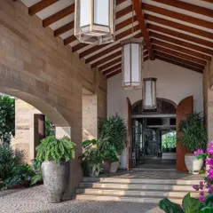The entrance foyer of this Alibaug house is designed to feel like a tropical pavilion. I used a curated selection of large potted plants to add grandeur and create a welcoming, green transition from the outside world into the home.