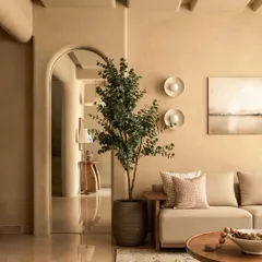 A detail from my Architectural Digest-featured villa, showing the use of an arched mirror to enhance space and light. The composition includes a potted eucalyptus and modern art, reflecting my signature blend of natural and contemporary elements.