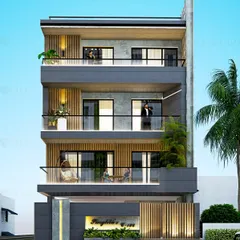 A 3D architectural render created for our client before construction. This design features strong horizontal lines, glass railings, and vertical wooden slats for accent. Compare this with the final constructed building in image 5 to see our design-to-reality promise.