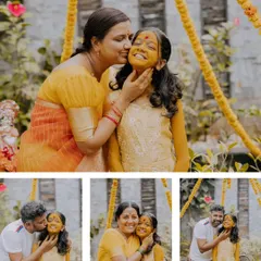 A collage of heartwarming family moments from a Half Saree Haldi ceremony, filled with love and laughter.