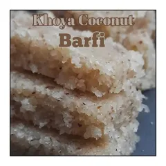 My Khoya Coconut Barfi is a specialty, especially during Navratri fasting. It is made with fresh coconut and khoya, and has a melt in your mouth texture.