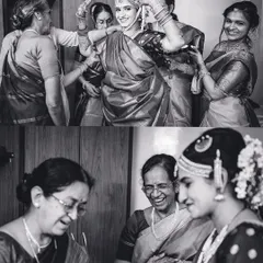 A touching black and white collage showing a bride celebrating with her family and a grandfather watching with pride. These photos focus on the deep emotional connections of the day.