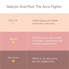 The Salicylic Acid Peel is the ultimate 'Acne Fighter'. As a BHA, it penetrates deep into pores to reduce acne, inflammation, and blackheads, making it perfect for oily and acne-prone skin.