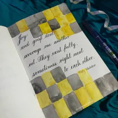A piece reflecting on how joy and grief can exist at the same time. I used a simple checkerboard pattern with grey and shimmering gold watercolor to represent these coexisting emotions.