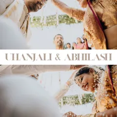 A beautiful collage from Uhanjali and Abhilash's wedding, capturing the playful and sacred moments of their ceremony.