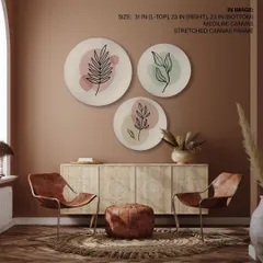 A serene set of three circular stretched canvas prints with minimalist leaf drawings. The soft, abstract color backgrounds create a peaceful and contemporary botanical theme.