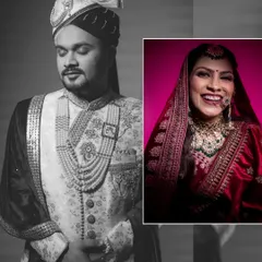 A creative split portrait of the groom in black and white and the bride in color, symbolizing their two lives becoming one.