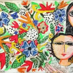 K Muralidharan's "Mother and Child" is a beautiful example of folk influence in contemporary Indian art. The flattened perspective and bold patterns give the piece a direct, heartfelt emotional quality.