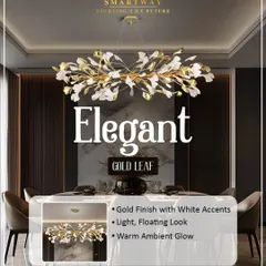 For a modern dining area, this elegant gold leaf chandelier is a beautiful choice. It has a light, floating look with a gold finish and white accents that give off a warm, ambient glow. It looks beautiful even when it's switched off.