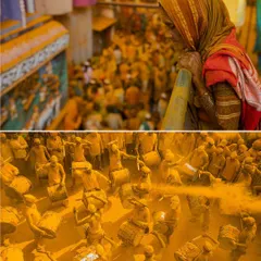A diptych from the Vittal Birdev Yatra in Pattan Kodoli, Maharashtra. The top frame shows a woman watching the festivities, while the bottom shows the energy of the drummers in a cloud of yellow turmeric powder.