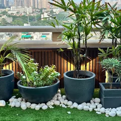 A closer look at the planter arrangement on the terrace. We use a mix of modern pots, white pebbles for contrast, and a variety of plants to create a layered, visually interesting landscape design.