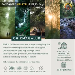 An announcement for our long ride to the breathtaking landscapes of Chikmagalur. The itinerary shows our focus on a complete experience, including a comfortable homestay, campfire, and night party.
