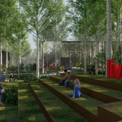 An amphitheater and public seating area within the "Urban Oasis." We designed this 4-acre site to be a democratic space, with tons of activities for the whole family, centered around a stream of water, great food, and people.