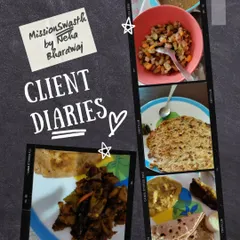This client's food diary is a great example of a balanced day of eating. It includes a vegetable salad, a nutritious omelet, and a full meal with roti and sabzi, all part of a personalized plan.