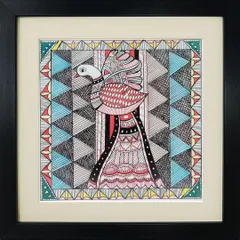 A Madhubani painting by Vrishti featuring a bird with intricate geometric patterns on its wings and body. The use of contrasting colors and detailed line work is characteristic of this traditional art form.