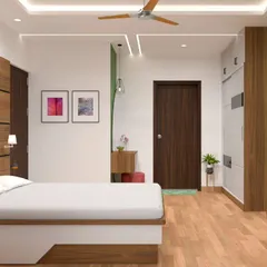A wider view of the bedroom, showing the coordination between the wood-paneled wall, the wardrobe, and the green accent wall.
