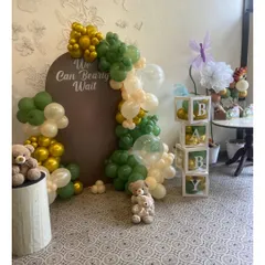 A wider view of our teddy bear themed baby shower decor, showing the full arrangement with cute teddy bear props.