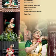 A collage detailing the repertoire for the Arangetram of Dr. Sushmitha Anantha Murthy, showcasing the range of pieces prepared for her debut.