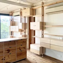 This modular shelving system in a Sarvapriya Vihar residence is an example of furniture as spatial planning. The open-backed plywood and wood units create storage and display areas while maintaining a sense of lightness and connection between different zones of the room.
