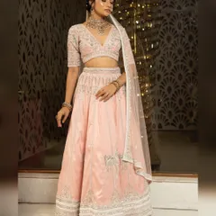 Twirl into a fairytale with this baby pink bridal lehenga. I designed it with intricate horse embroidery on the raw silk skirt and paired it with a heavily handworked blouse and a delicate net dupatta for a truly heavenly look.