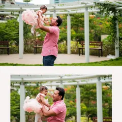 A father joyfully lifts his daughter into the air in a beautiful park setting. These playful, candid moments create the most authentic family portraits.