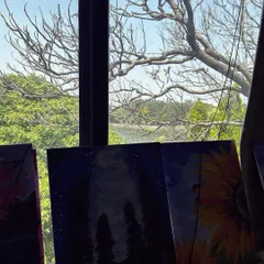 A beautiful view from our lake-facing studio in Bangalore. The serene backdrop provides the perfect inspiration for a creative session.