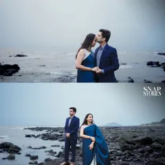 A two-panel collage showing both a romantic close-up and a stylish posed shot of the couple against the backdrop of the sea and rocky shoreline.