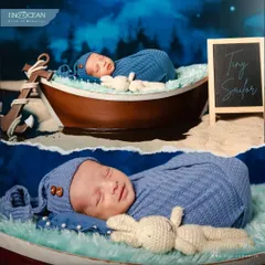 A collage showcasing our adorable "Tiny Sailor" theme. It features a newborn sleeping in a boat prop and close-ups of the baby in a knitted sailor outfit, complete with a toy bunny companion.