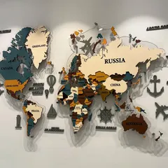 A clear shot of the world map without the backlight, showing the details of the multi-colored, layered MDF and acrylic country cutouts.