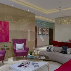 This living room design shows how to play with color and texture. I paired bold magenta armchairs with a curved grey sofa and a textured gold feature wall. The mix of colors, from the vibrant pink artwork to the teal wallpaper in the background, creates a lively yet sophisticated space.