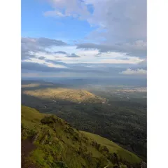 Sunlight breaking through the clouds to illuminate a patch of green forest in the Chikmagalur hills.
