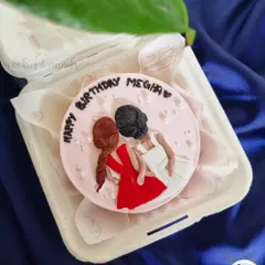 "Bestfriend? Nah! Sisters for life!" A heartwarming bento cake celebrating friendship, with a hand-piped illustration of two best friends.