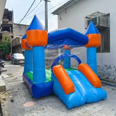 A small castle-style bouncy with a dual slide at the front. This blue and orange model is a great all-in-one play area for smaller children.