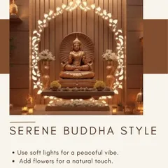 For this serene Buddha-style puja corner, I used a custom backlit jaali arch to create a divine aura. The design incorporates soft, warm lighting and floral arrangements to foster a peaceful and meditative atmosphere, blending spiritual needs with elegant home decor.