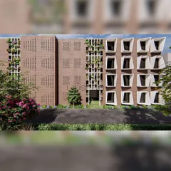 This 3D visualization showcases a facade design for a school, integrating vertical gardens and unique window structures. My approach to institutional projects involves creating stimulating environments that are also sustainable, using biophilic design to connect students with nature.