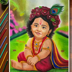 This Janmashtami special portrait of a child as Lord Krishna is one of my favorites. Created on A2 paper, the vibrant colors and soft details capture the divine innocence, making it a cherished piece for the family.