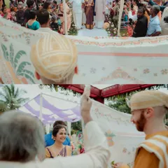 A moment from a South Indian wedding where the curtain is lowered, revealing the bride to the groom for the first time. We capture the anticipation and emotion of this beautiful tradition.