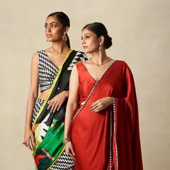 A group shot from the Gulabo campaign, showcasing two complementary makeup looks. Both styles are clean and refined, allowing the unique designs of the sarees to shine.
