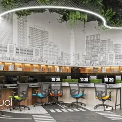 A creative and modern open-plan office workstation area. The design features a city skyline mural, colorful ergonomic chairs, and unique flooring that mimics a road.
