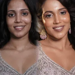 A beautiful before-and-after from my professional makeup course, demonstrating a flawless glass skin look on a model. This is the level of skill you can achieve.