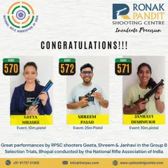 Congratulations to our shooters Geeta, Shreem, and Janhavi for their great performances at the Group B Selection Trials in Bhopal. Their high scores in 10m and 25m pistol events make us proud.