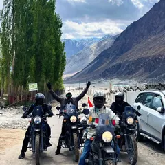 The squad rolling out. Whether you're an expert rider or new to the mountains, we ride together through the stunning valleys of Ladakh.