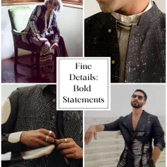 A mood board of finely detailed menswear. The styling focuses on bold statements through unique textures, unconventional layering, and artisanal embroidery for a sophisticated yet edgy look.