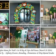 It’s a wild one! We designed this fun Safari theme for Yash's first birthday, complete with a lush green backdrop, animal cutouts, and a custom photo collage board. This setup shows our ability to create an immersive jungle adventure in any apartment clubhouse.