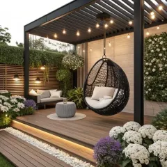 This garden lounge combines multiple seating options, including a sofa and a hanging egg chair, under a modern black pergola. The design is softened by abundant flowering plants, a vertical garden wall, and warm string lighting for a magical evening setting.