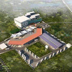An aerial view of the proposed Ranchi bus terminal and commercial complex. The plan provides dedicated zones for bus lanes, idle parking with solar roofs, and a separate high-rise for commercial activities.