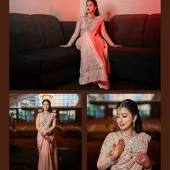 A collage of the bride in her elegant pink engagement saree. We experiment with different poses and lighting to create a series of portraits that showcase her grace and beauty.
