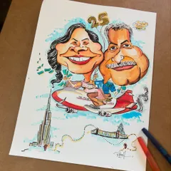 Celebrating 25 years of togetherness with a flight of fancy! This anniversary caricature shows the couple flying over their favorite travel destinations. It’s a tribute to their journey and adventures together.