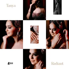 A grid collage of bride Tanya, titled 'Radiant', showcasing various close-ups and portraits from her Sagan.